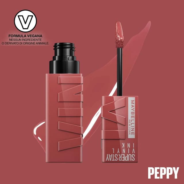 Detalle 2 de Maybelline New York Super Stay Vinyl Ink Nude Shock 115 Peppy – rossetto liquido effetto vinilico fino a 16 ore, formula vegana