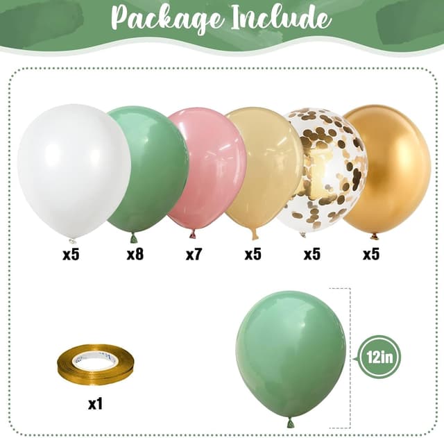 Detalle de Sage Green and Dusty Pink Balloons (Retro Pink, Muted Green, White, Gold) 35-Piece Latex Set