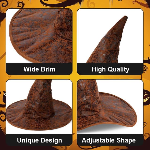 Detalle de Aomig Hexenhut – brauner Zaubererhut als Kostümzubehör für Halloween, Cosplay & Party