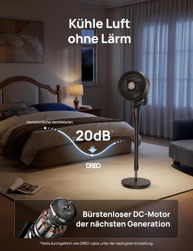 Detalle de DREO Leiser Standventilator für Schlafzimmer (Verbessert) – 27 m Luftstrom, 20 dB, 90° oszillierend
