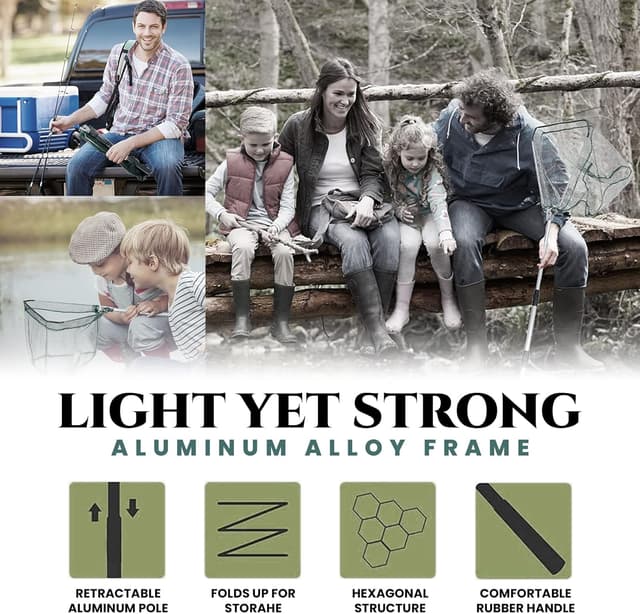 Detalle de KK'S GLAMS Telescope Fishing Landing Net (Foldable 1.5m Aluminium Pole, 43cm Net) — Silver & Green