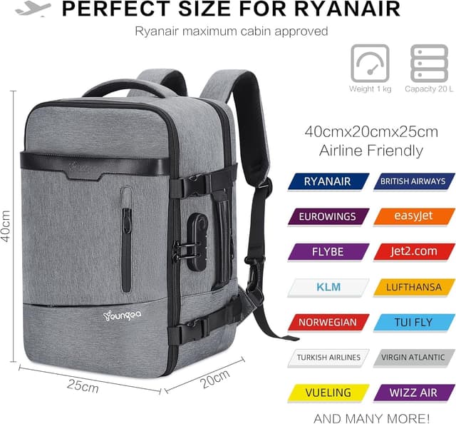 Detalle 2 de YOUNGOA Mochila Cabina Ryanair 20L con Compartimento Portátil ✈