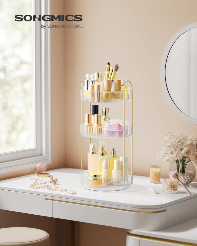 Detalle de SONGMICS Make-up Organizer drehbar, rund, 3 Ebenen – Kosmetik-Aufbewahrung JKA011W02