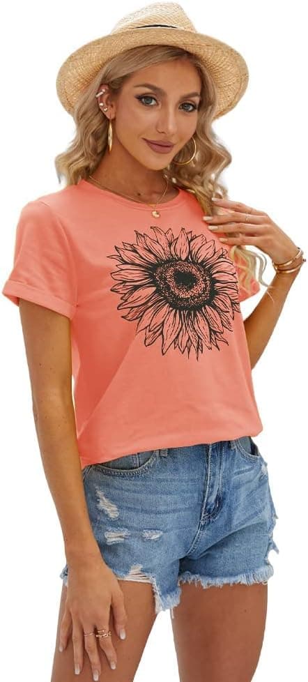 Detalle de Cicy Bell Damen Sonnenblumen T-Shirt mit Kurzarm und lässigem Rundhalsausschnitt