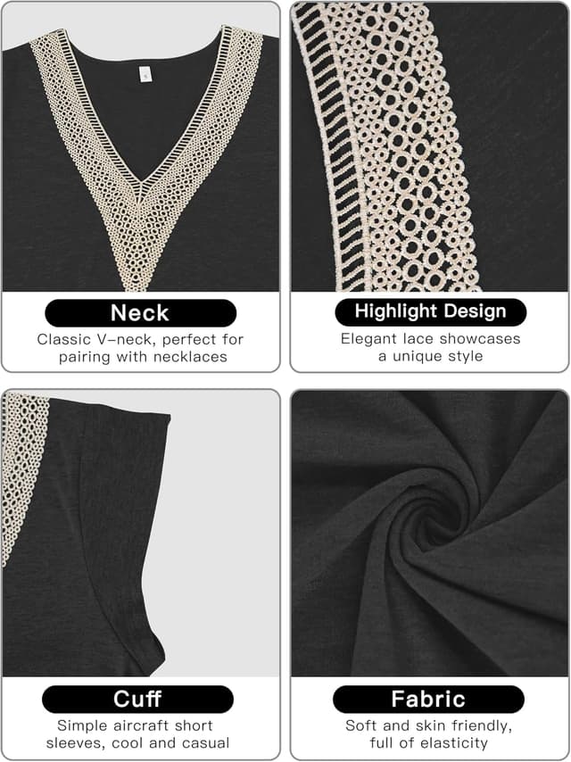 Detalle de Maglietta donna PLOKNRD scollo a V con pizzo, maniche corte e relaxed fit