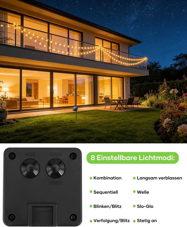Detalle 2 de Suright Solar-Lichterkette außen 8 m mit 30 warmweißen Mini-LEDs, 8 Modi & IP65