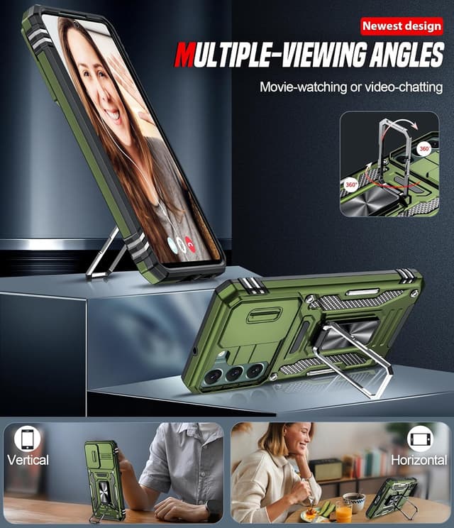 Detalle de LeYi Military-grade phone case for Samsung Galaxy S22 5G (6.1-inch) with slide camera cover and 360° ring stand, O-Green