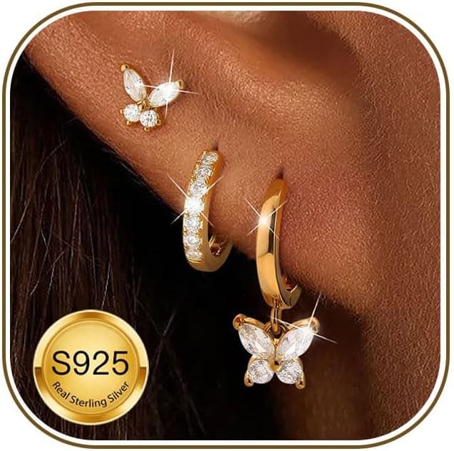 Detalle de ZNBOH set di orecchini in argento 925 (3 paia) con zirconi e design farfalline/quadrifoglio