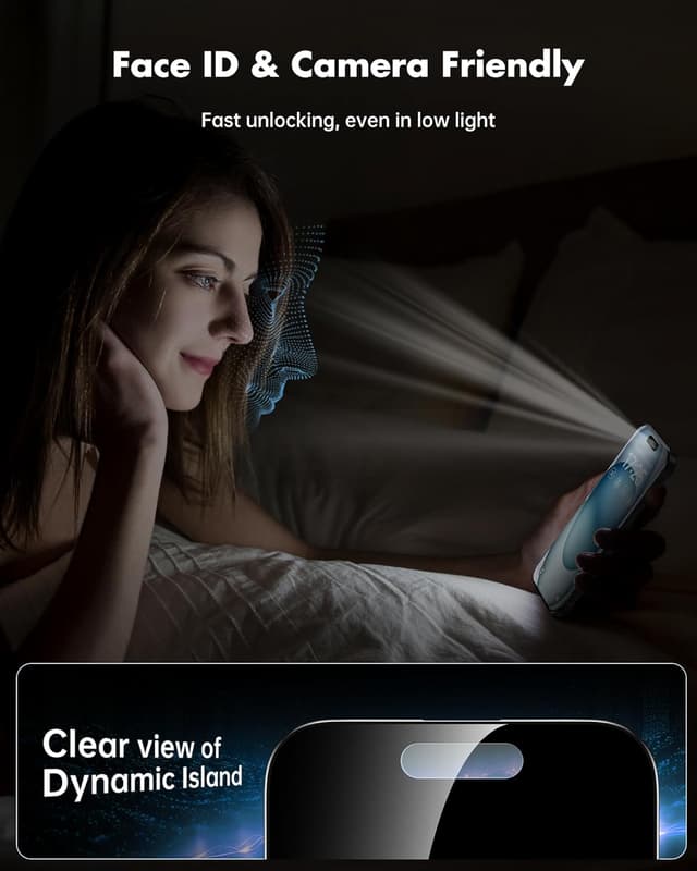 Detalle de UNBREAKcable Privacy Screen Protector for iPhone 15 (6.1-inch) – 2-Pack + 2 Lens Protectors with 25° Anti-Spy Tempered Glass