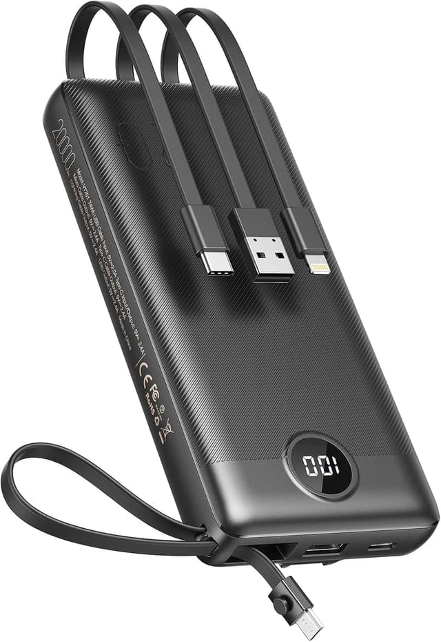 Detalle de VEEKTOMX Power Bank 20000mAh con cavi integrati, 5 uscite (3 cavi + USB-A + USB-C) e display LED