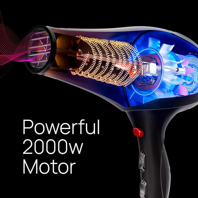 Detalle de TREZORO Professional Hair Dryer (2000W) with Ionic Ceramic Tourmaline + Narrow/Wide Concentrator Nozzles, 3 Heat & 2 Speed Settings
