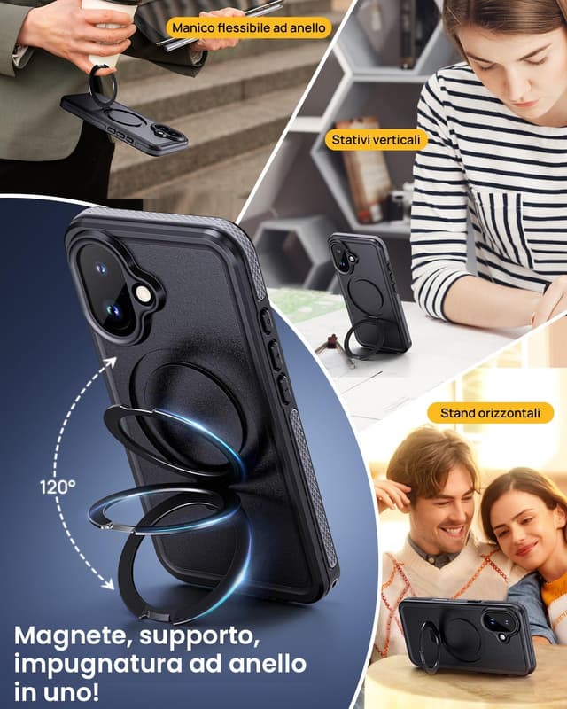 Detalle de Lanhiem Cover impermeabile antiurto per iPhone 17 IP68 con supporto posteriore, custodia subacquea full body nera