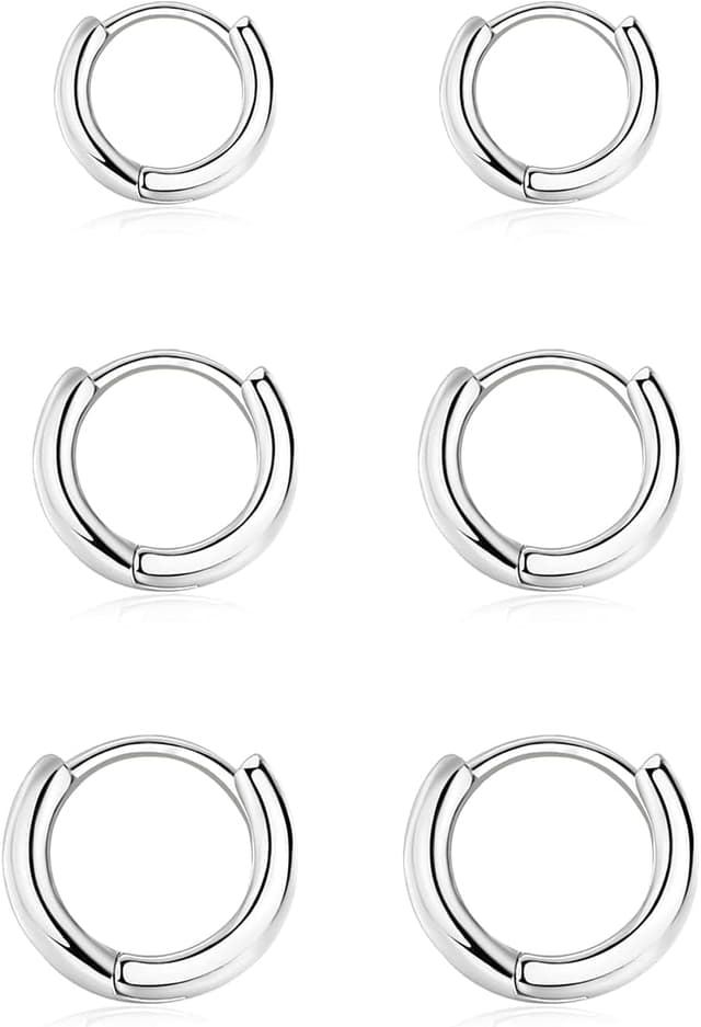 Detalle de Silber 925 Creolen-Set (3 Paar) – kleine Huggies & Helix/Tragus Ohrringe mit 14 Karat Weißgold-Überzug