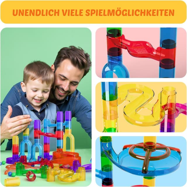 Detalle de Murmelbahn Logikspiele Mehrfarbige Kugelbahn (109 Teile) mit transparenten Bahnelementen – STEM Marble Rush Doppelspiel