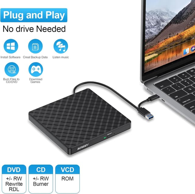Detalle de External USB 3.0 & Type-C Portable CD/DVD Drive (USB + Type-C), Slim DVD/CD Burner for Windows, Mac and Linux