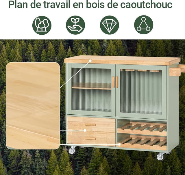 Detalle de SoBuy FKW114-GR desserte de cuisine sur roulettes avec plan de travail en bois, rangement vert et naturel