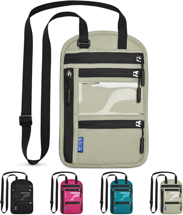 Detalle de CORYIN Travel Neck Wallet Passport Holder with RFID Blocking and Waterproof Pouch – Light Grey