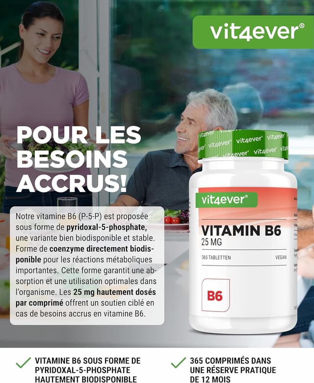 Detalle 2 de vit4ever Vitamine B6 P-5-P (Pyridoxal-5-Phosphate) 25 mg – 365 comprimés, vegan