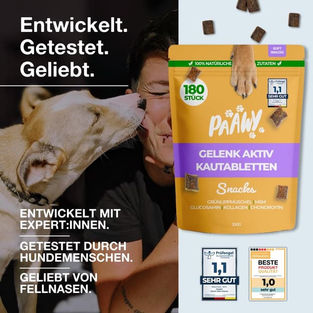 Detalle 2 de Paawy Gelenktabletten für Hunde (180 Stück) mit Grünlippmuschel, MSM, Glucosamin & Chondroitin