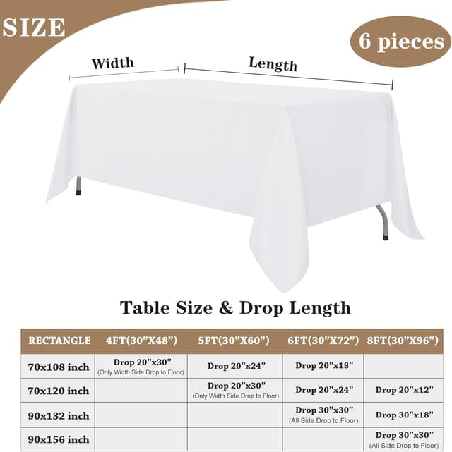 Detalle de Fitable White Tablecloths for Rectangle Tables (6-Pack, 70 x 120 Inches) — Reusable Polyester Covers