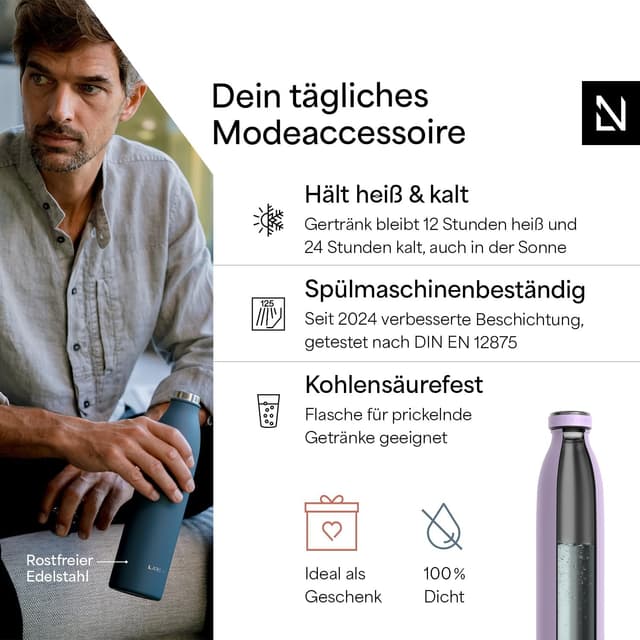 Detalle de LARS NYSØM Edelstahl-Trinkflasche Ren (Thermos) für Kohlensäure – 350 ml bis 1.000 ml, auslaufsicher