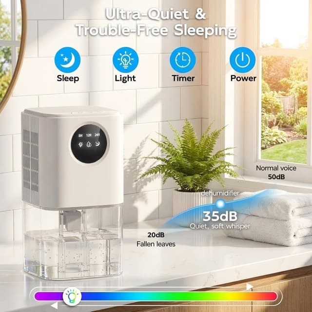 Detalle de Déshumidificateur d’air 1,8L 640 ml/jour avec minuteur et LED tactile (≤32 dB) pour salle de bain et dressing