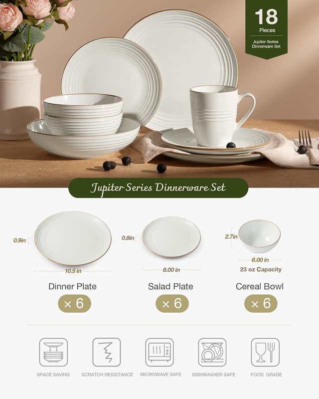 Detalle 2 de Famiware Jupiter 18-Piece Stoneware Dinnerware Set (Service for 6) in White