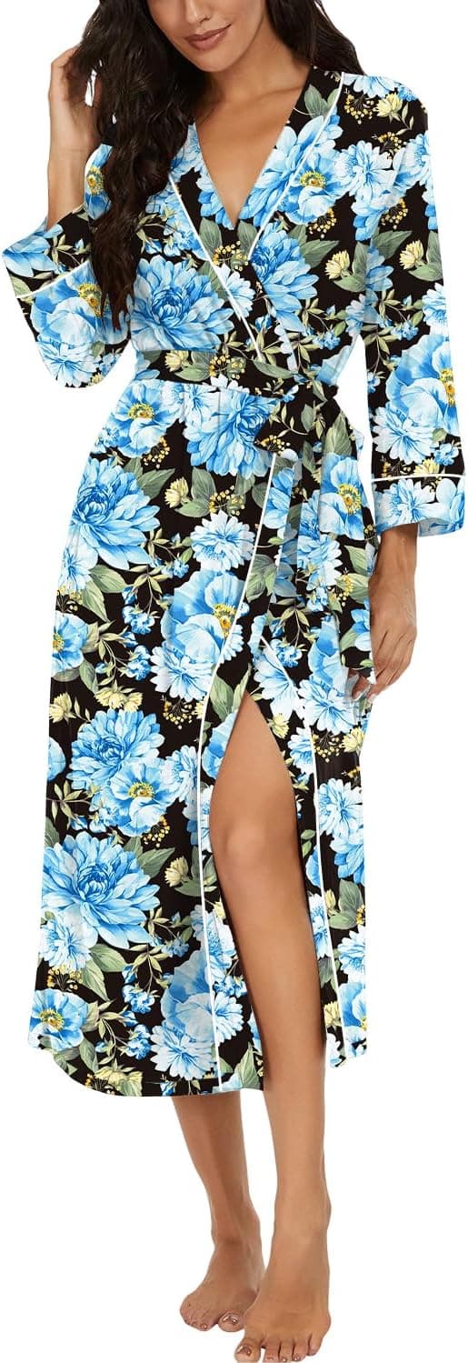 Detalle 2 de PrinStory Women’s 95% Rayon 3/4 Sleeve Kimono Dressing Gown with Pockets & Fixed Belt