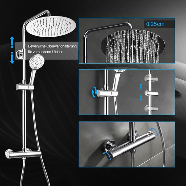 Detalle de JOHO Edelstahl Duschset mit Thermostat, Regendusche 25 cm (D25) und Handbrause