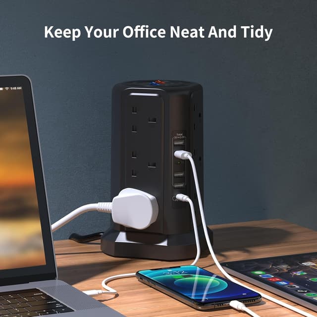 Detalle 2 de Tower Extension Lead 12‑Way 1.8m with 18W USB C and Surge Protection 🔌