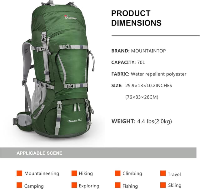 Detalle de MOUNTAINTOP Trekkingrucksack 70L (mit Regenschutz) für Damen & Herren – für 4 bis 6 Tage Touren