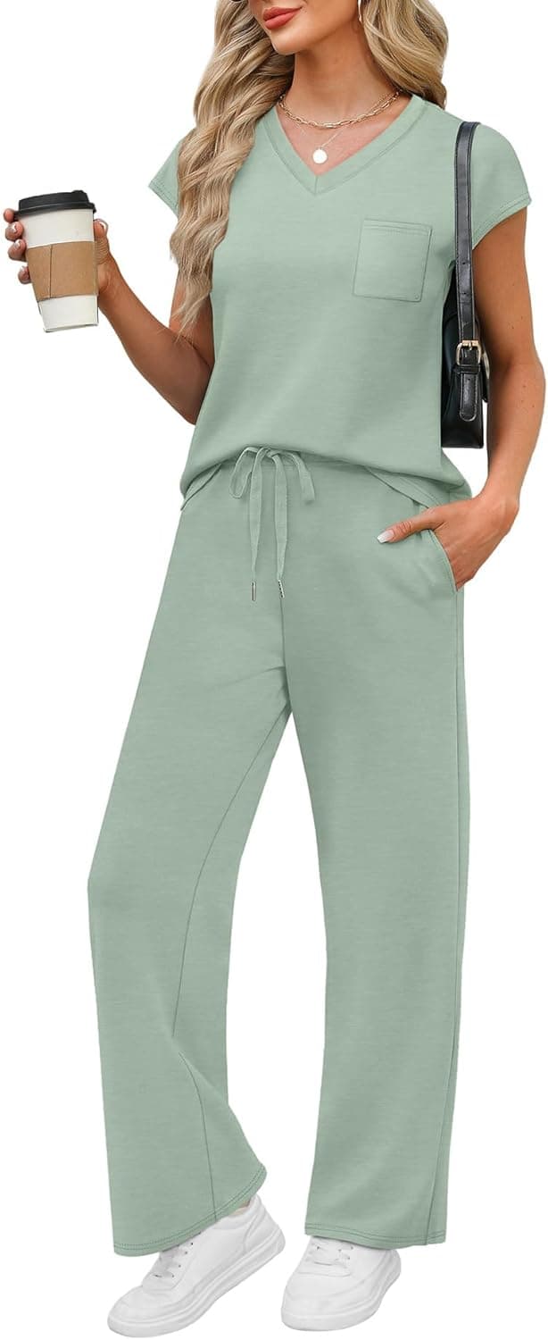 Detalle de WIHOLL 2-Piece Women’s Resort Wear Set: Cap Sleeve V-Neck Top + Wide-Leg Lounge Pants with Pockets