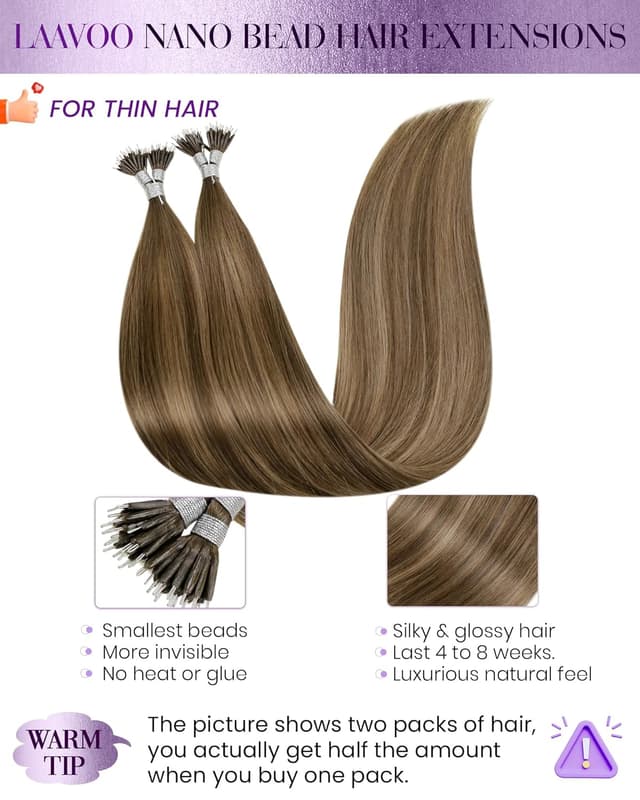 Detalle 2 de LaaVoo Nano-Ring Echthaar Balayage Extensions (50 cm) – #8/16/8, hellbraun/golden blond