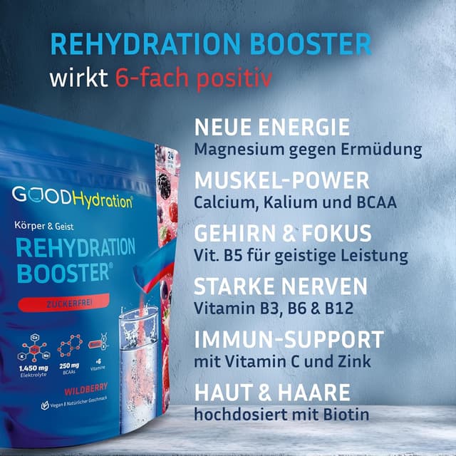 Detalle de GOOD Hydration® Rehydration Booster WALDBEERE – Elektrolyt-Pulver ohne Zucker mit 1.450 mg pro Stick (24 Sticks)