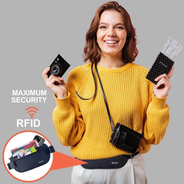 Detalle de EGOO Ultralight RFID Money Belt with Adjustable Elastic Strap (Black) + 3 RFID Card Sleeves