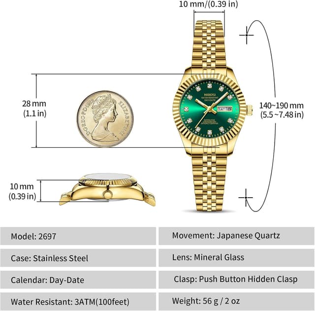Detalle de NIBOSI Orologio da donna analogico al quarzo in acciaio inox, quadrante verde con data, impermeabile 3 ATM