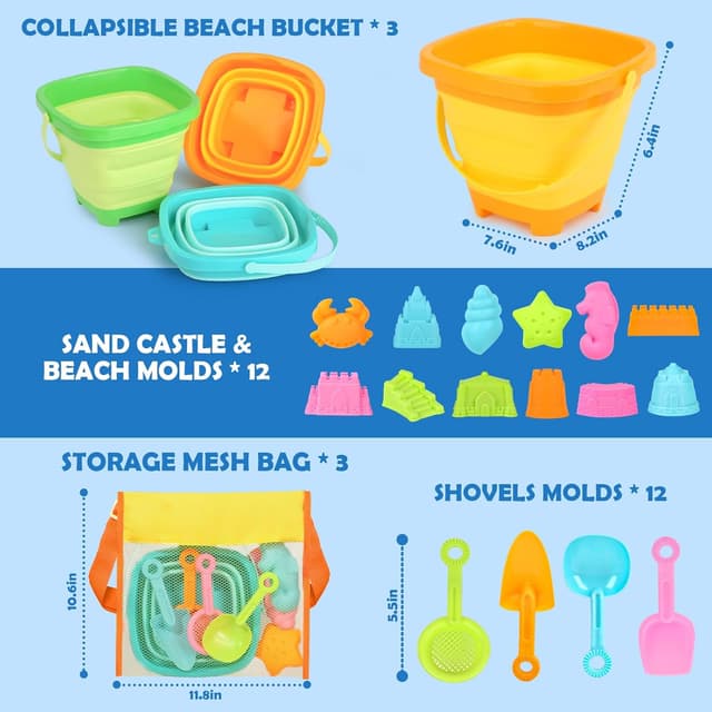 Detalle de Dreamon Beach Toys for Kids (3–10) – 30-Piece Collapsible Sand Toys Set with 3 Buckets, Molds & Mesh Storage Bags