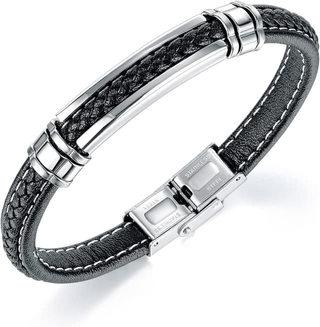 Detalle de Bracciale uomo ATEIELLI in pelle intrecciata e acciaio inox 316L: design Ancora Nautica o Infinito