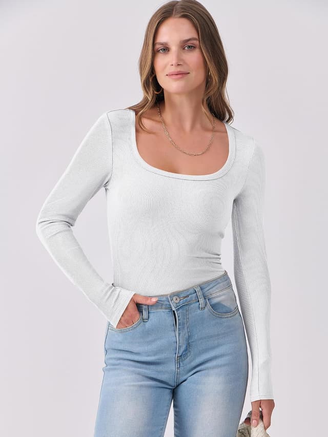 Detalle 2 de DUOEASE Langarmshirt Damen Basic Slim Fit mit U-Ausschnitt – einfarbiges Stretch-Top