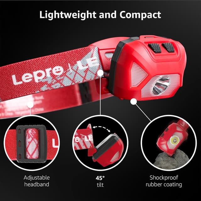 Detalle de Lepro Stirnlampe 1300 Lux LED XPG mit 6 Lichtmodi, Rotlicht & IPX4 – batteriebetrieben