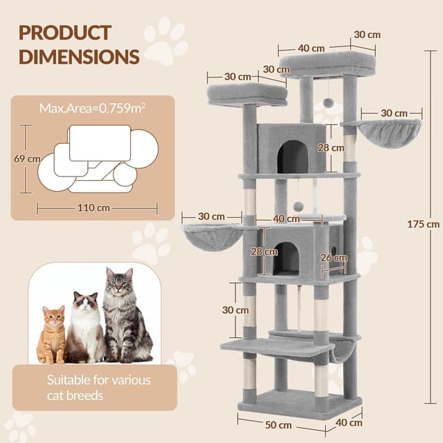 Detalle de Fobyfurny Albero tiragraffi per gatti 175 cm con tiragraffi, amaca, cestini e 2 comodi condomìni (grigio chiaro) FPMS006FG1