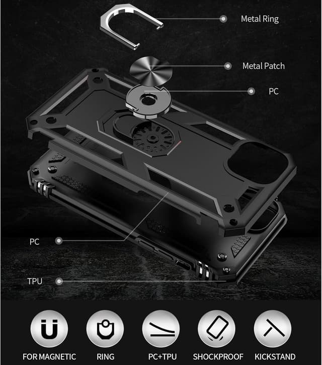 Detalle de Aozuoton iPhone 15 Case (Black) with Screen Protector, 360° Rotatable Kickstand and Shockproof Design