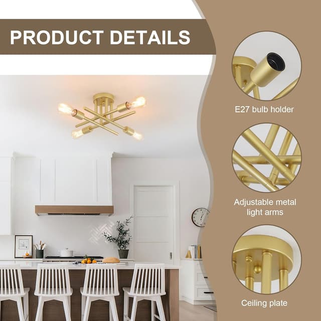Thumbnail 6 de LXWNYY Sputnik 4-Arm Gold Ceiling Light (E27) for Dining Rooms & Kitchen Islands