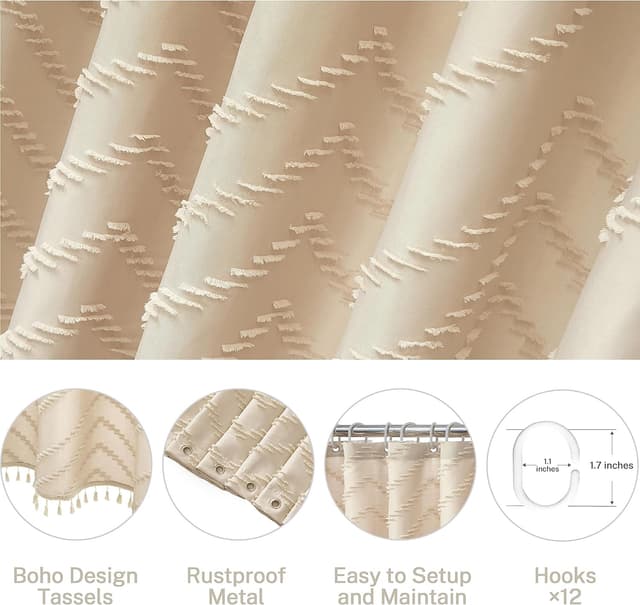 Detalle 2 de Siiluminisoy Boho Farmhouse Shower Curtain (72 x 72) Woven Chevron Texture with Tassels