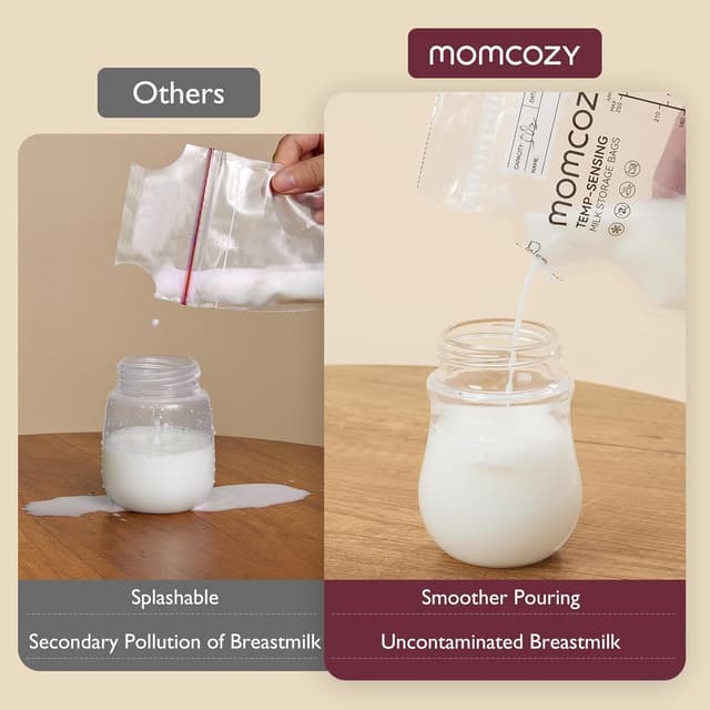 Detalle de momcozy Easy Pour Breastmilk Storage Bags (250ml) with Temp-Sensing Colour Change, 120 Count