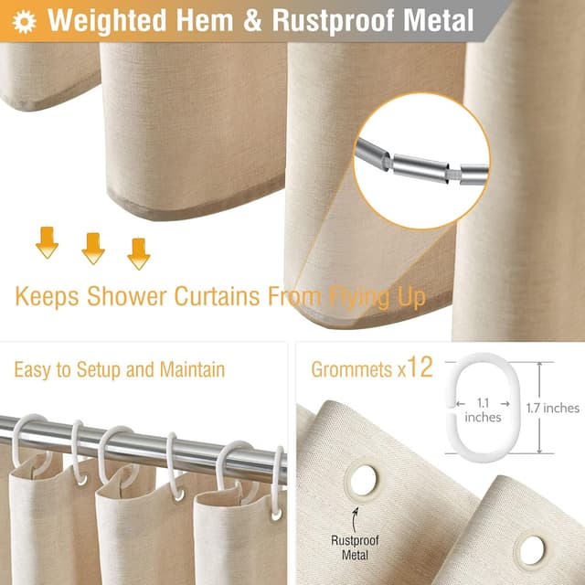 Detalle de BTTN Extra Long Fabric Shower Curtain Set (84 Inch) with 12 Plastic Hooks, Linen-Textured 72"x84" Beige/Cream