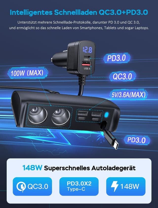 Thumbnail 2 de OOWOLF Retractable 9-in-1 Car Charger Adapter 148W