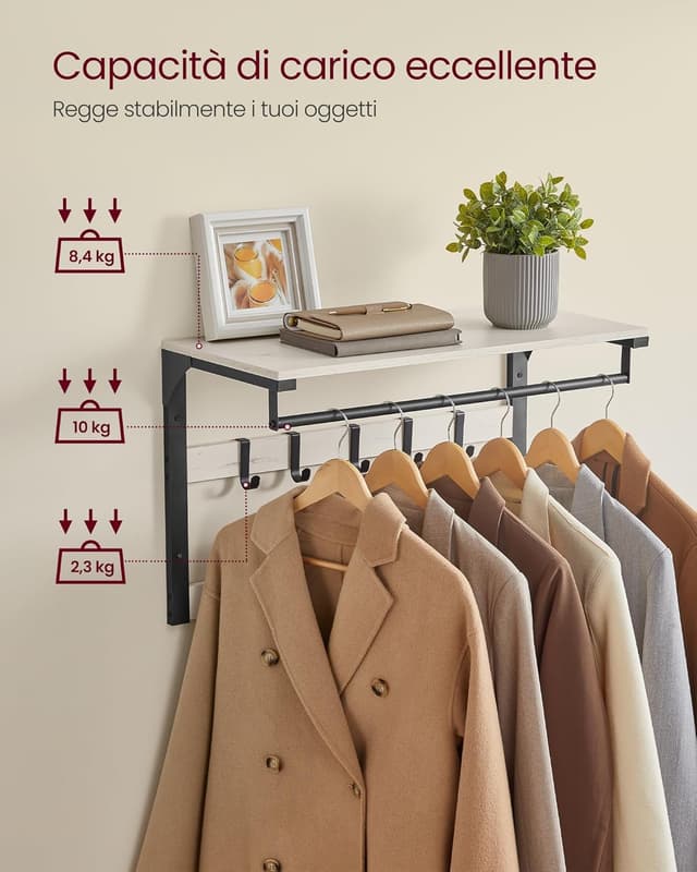 Detalle de VASAGLE Appendiabiti da parete con mensola e 10 ganci rimovibili LCR101W03 (bianco vintage e nero)