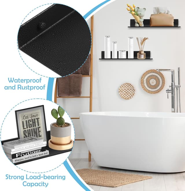 Detalle de JIZZU schwebende Wand-Badregale (2 Stück), schwarz, selbstklebend, ohne Bohren – Metallregale für Bad, Küche, Wohnzimmer & Büro