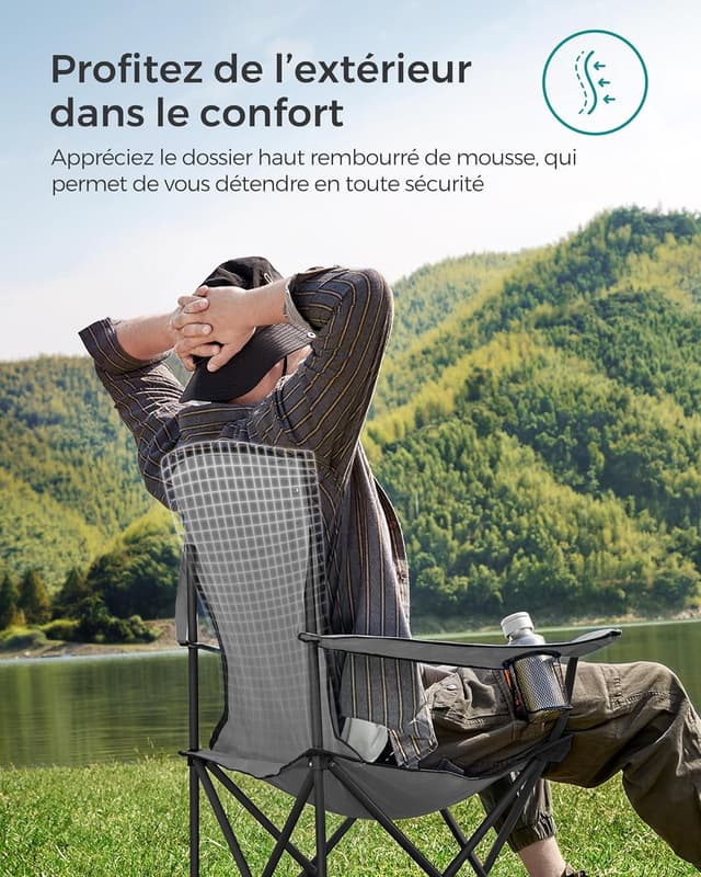 Detalle de SONGMICS Chaise de camping pliable avec assise en éponge et porte-gobelet (jusqu’à 250 kg)